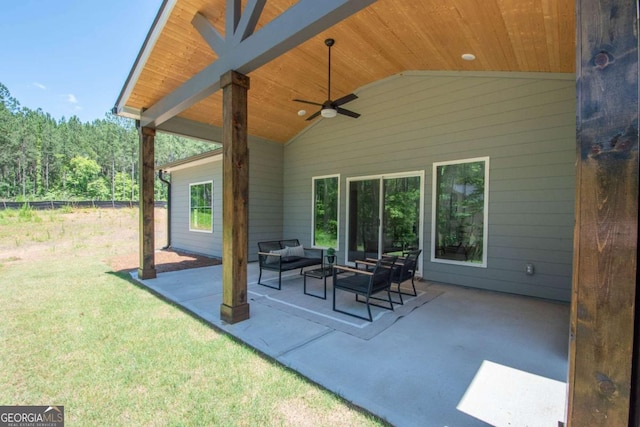 view of patio featuring ceiling fan and an outdoor hangout area