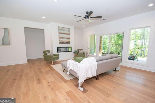 living room with ceiling fan and light hardwood / wood-style flooring