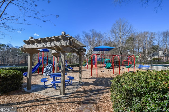 view of play area with a pergola