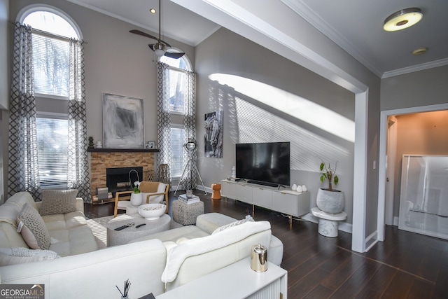 living room featuring a fireplace, dark hardwood / wood-style flooring, plenty of natural light, and crown molding