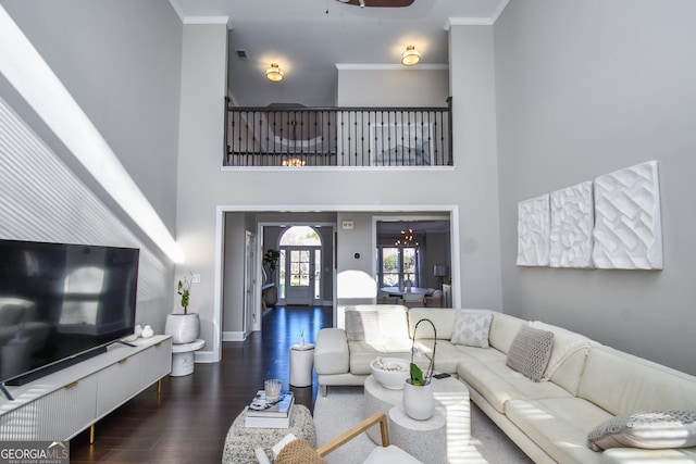 living room with a high ceiling, dark hardwood / wood-style floors, and crown molding