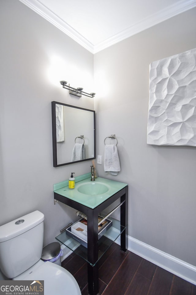 bathroom featuring vanity, toilet, and ornamental molding