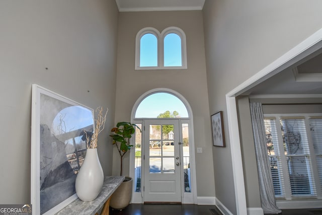 foyer with dark hardwood / wood-style flooring, a towering ceiling, and ornamental molding