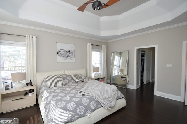 bedroom featuring ceiling fan, a walk in closet, multiple windows, and a tray ceiling