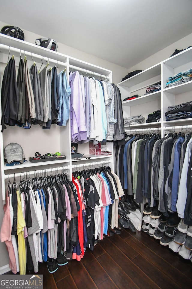 walk in closet with wood-type flooring