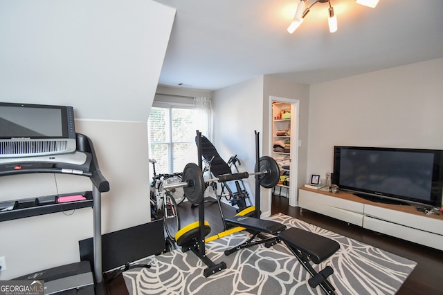 exercise room with dark hardwood / wood-style flooring