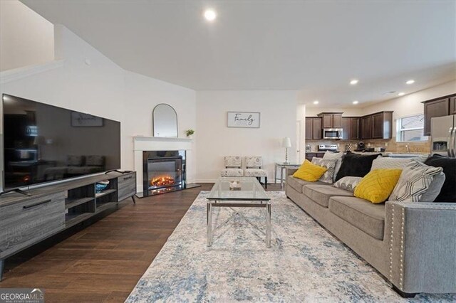 living room with dark hardwood / wood-style flooring