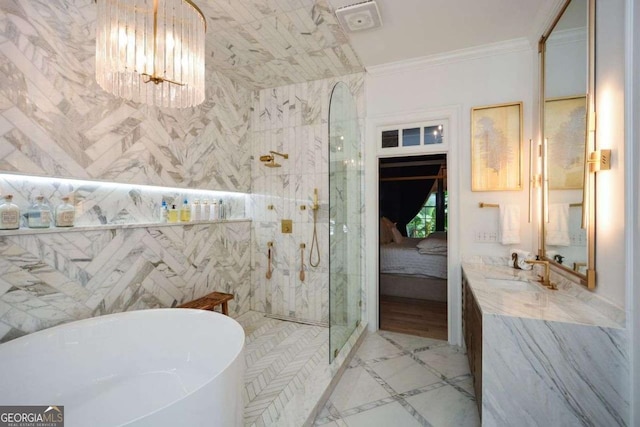 bathroom featuring plus walk in shower, tile walls, vanity, a notable chandelier, and crown molding