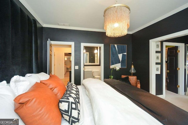 bedroom with crown molding, carpet flooring, a notable chandelier, and ensuite bath