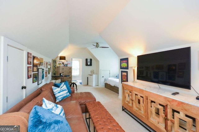 living room featuring vaulted ceiling and light colored carpet