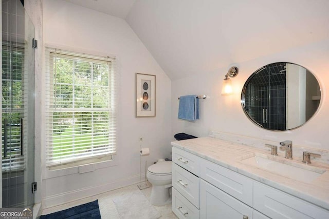 bathroom with vanity, lofted ceiling, a shower, and toilet