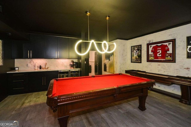 playroom with sink, billiards, and dark hardwood / wood-style floors