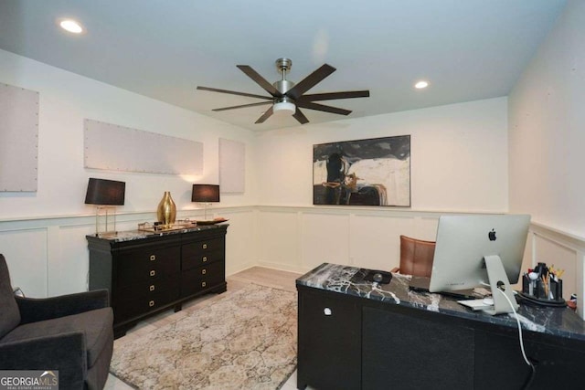 1409 Sheridan Rd NE, Atlanta, GA 30324 - office space with a ceiling fan, a decorative wall, wainscoting, light wood-type flooring, and recessed lighting