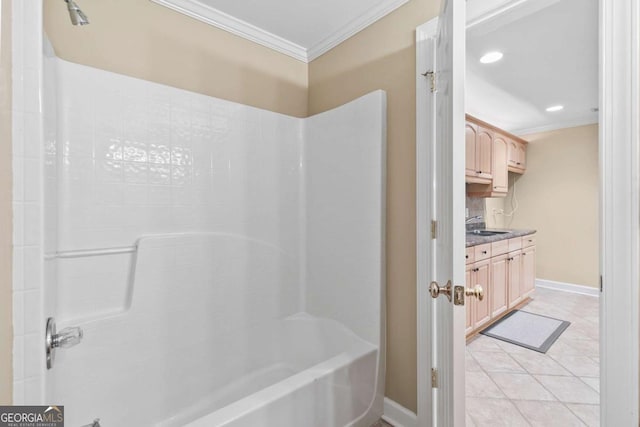 bathroom with tile patterned flooring, shower / bathing tub combination, vanity, and crown molding