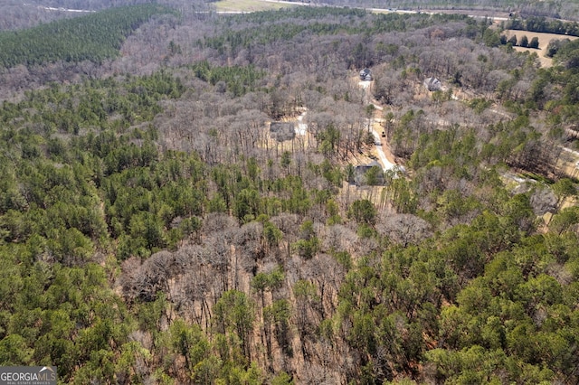 birds eye view of property featuring a wooded view