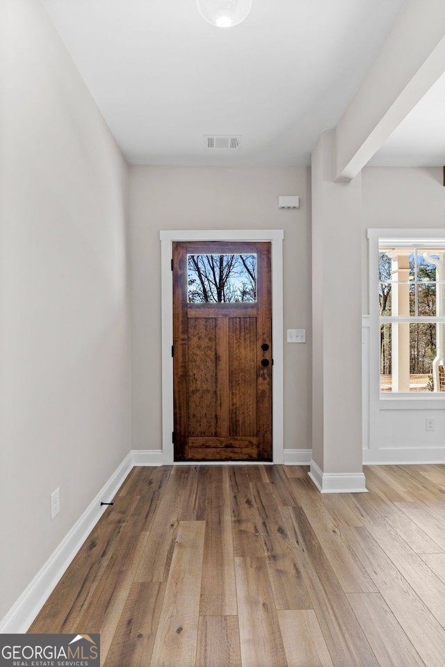 foyer entrance with a healthy amount of sunlight, baseboards, and wood finished floors