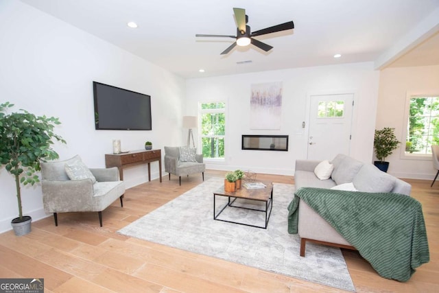 living room featuring ceiling fan and light hardwood / wood-style floors