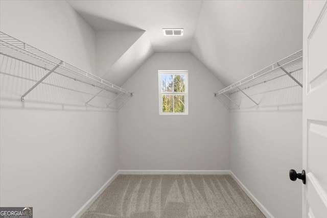 walk in closet featuring carpet flooring and lofted ceiling