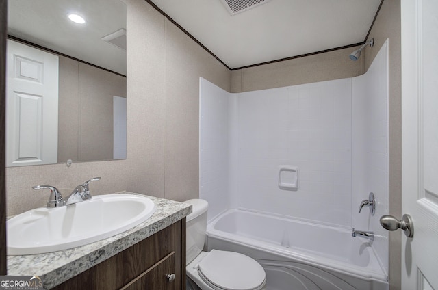 full bathroom featuring vanity, toilet, and bathtub / shower combination