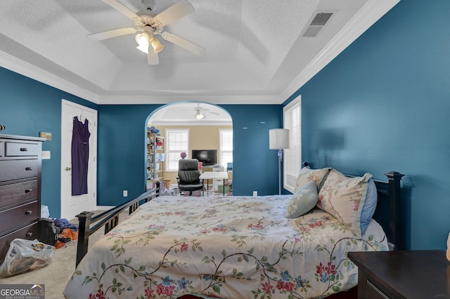 bedroom with a raised ceiling, multiple windows, and ceiling fan