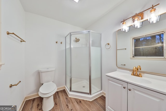 bathroom with vanity, toilet, a shower with door, and wood-type flooring