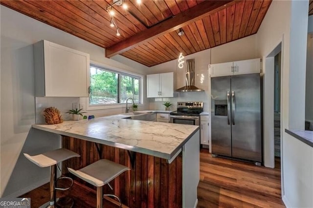 kitchen with a kitchen breakfast bar, wall chimney range hood, kitchen peninsula, appliances with stainless steel finishes, and white cabinetry