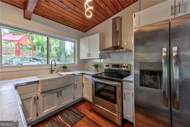 kitchen with wall chimney exhaust hood, stainless steel appliances, sink, wooden ceiling, and white cabinets