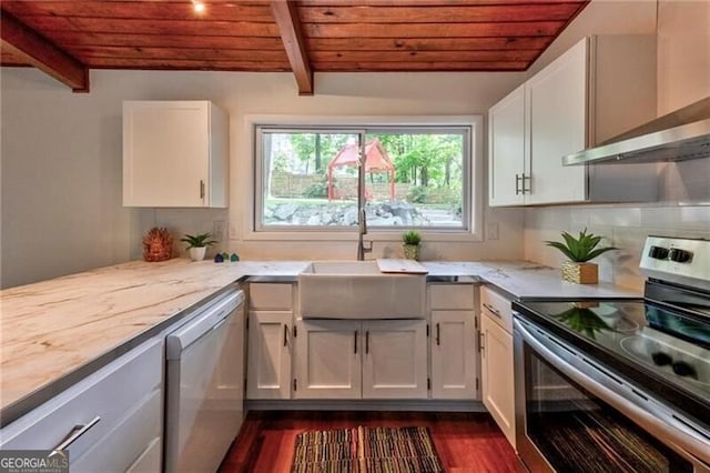 kitchen with electric stove, white cabinetry, white dishwasher, and wooden ceiling