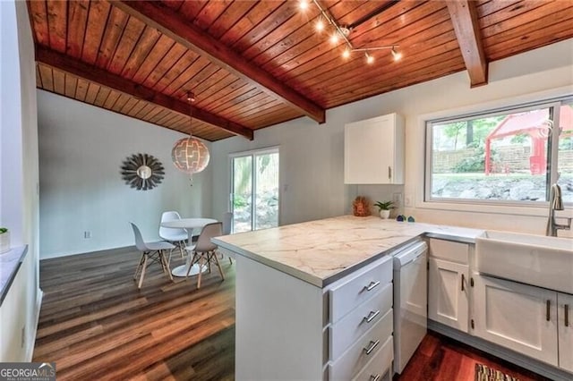 kitchen with white cabinetry, sink, kitchen peninsula, dishwashing machine, and wood ceiling