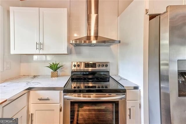 kitchen featuring white cabinetry, wall chimney range hood, and stainless steel appliances