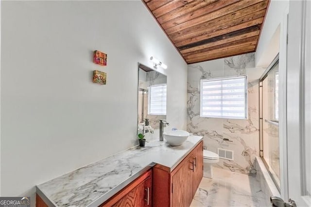 bathroom with lofted ceiling, an enclosed shower, wooden ceiling, and vanity