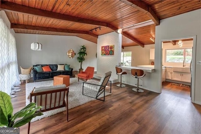 living room featuring plenty of natural light, lofted ceiling with beams, wooden ceiling, and dark wood-type flooring