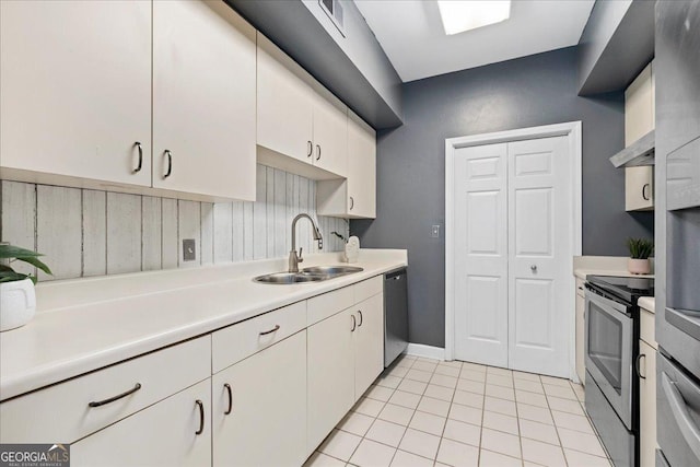 kitchen featuring stainless steel dishwasher, white cabinets, electric stove, and sink