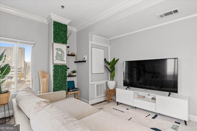 living room featuring carpet flooring and ornamental molding