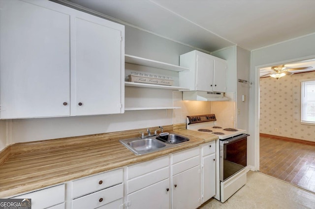 711 Stone Ave, Waynesboro, GA 30830 - kitchen featuring white cabinets, sink, ceiling fan, and electric stove