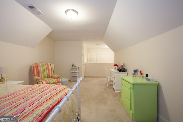 bedroom featuring light colored carpet, visible vents, vaulted ceiling, and baseboards