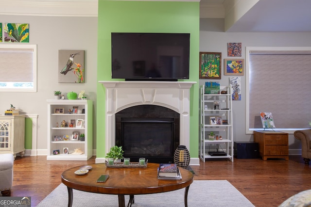 living room with dark hardwood / wood-style floors and crown molding