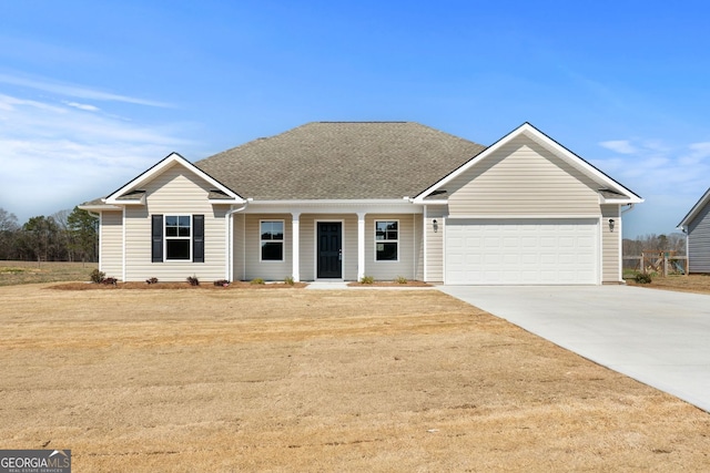 single story home featuring a garage, a porch, concrete driveway, and roof with shingles