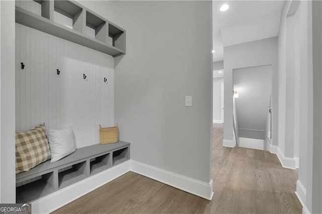 mudroom with wood-type flooring