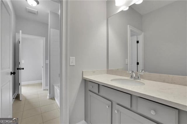 bathroom featuring tile patterned flooring, vanity, and washtub / shower combination