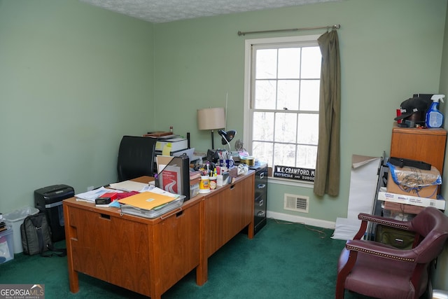 carpeted office with a textured ceiling