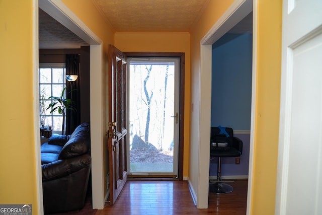 foyer featuring dark wood-type flooring and a textured ceiling