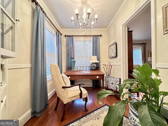 office space with crown molding, a notable chandelier, and hardwood / wood-style flooring