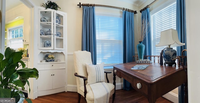 office area featuring a baseboard heating unit, ornamental molding, and dark hardwood / wood-style floors