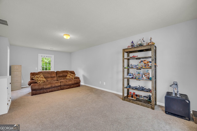 living room featuring a textured ceiling and carpet floors