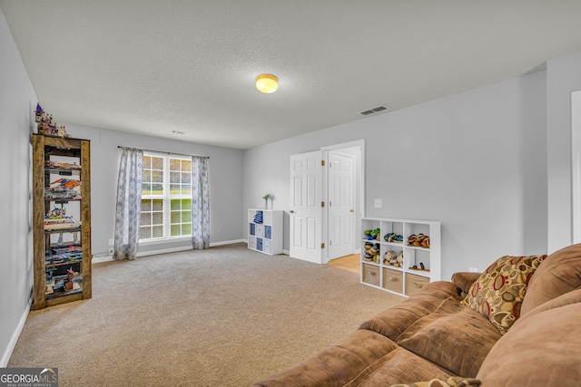 sitting room featuring carpet and a textured ceiling