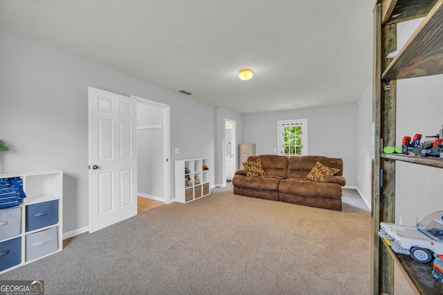 living room featuring light colored carpet and a textured ceiling