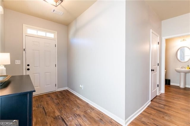 entryway featuring dark hardwood / wood-style flooring and sink