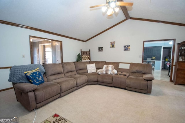 carpeted living room with vaulted ceiling, ceiling fan, and crown molding