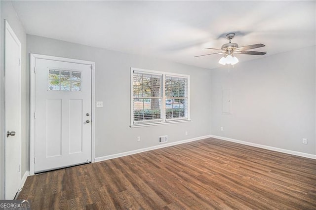 entryway featuring dark hardwood / wood-style flooring, ceiling fan, and a healthy amount of sunlight